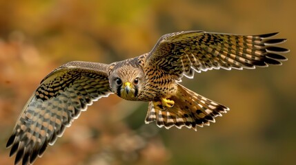 Obraz premium Male Kestrel in mid-flight showcasing vibrant feathers and keen eyes against a blurred landscape backdrop