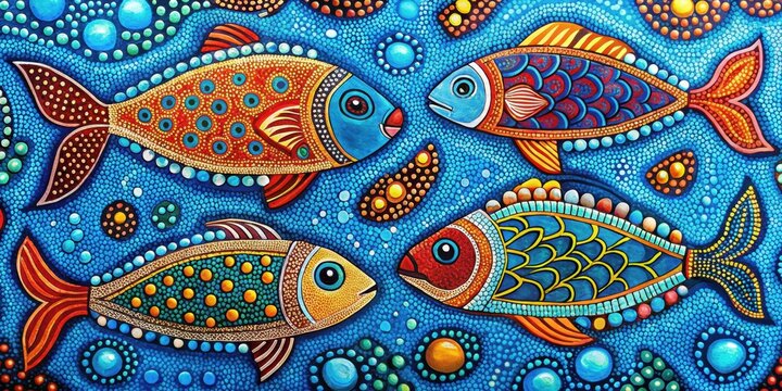 Vibrant Australian Aboriginal dot painting art dreaming of fish in the blue ocean, Aboriginal, dot painting, Australia, dreamtime