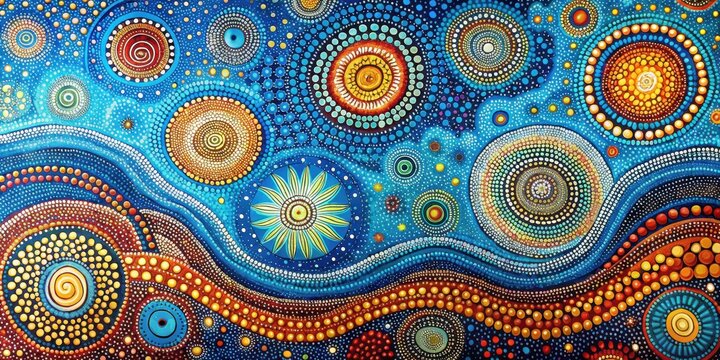Vibrant of Australian Aboriginal dot painting style art depicting a dreamtime story of the sky, Aboriginal, Australia