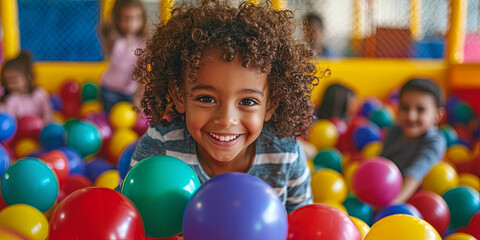 Obraz premium A group of children playing in the ball pit at a nursery school, generative AI