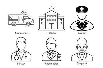 Healthcare and Medical Icon Pack: Ambulance, Doctor, Nurse, Hospital, Surgeon, Syringe, First Aid Kit & More