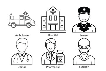 Healthcare and Medical Icon Pack: Ambulance, Doctor, Nurse, Hospital, Surgeon, Syringe, First Aid Kit & More
