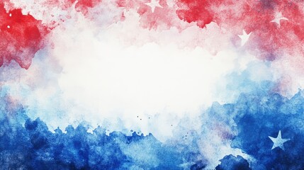 Fototapeta premium 4th of July or Memorial Day background, July 4th red white and blue colors with soft faded watercolor star border texture design and blank white center, with generative ai