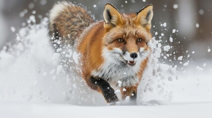 Fototapeta premium A swift fox races through the snow, capturing the thrill of winter in a vibrant, frozen landscape