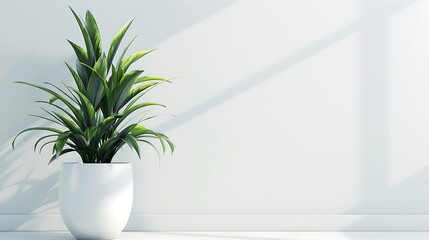 Green plant in a white pot in front of a white wall with a copy space in the office
