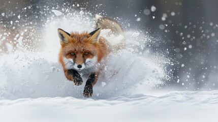Obraz premium A swift fox races through the snow, capturing the thrill of winter in a vibrant, frozen landscape