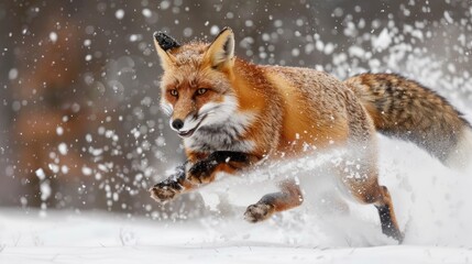 Fototapeta premium A swift fox races through the snow, capturing the thrill of winter in a vibrant, frozen landscape