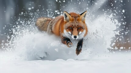 Obraz premium A swift fox races through the snow, capturing the thrill of winter in a vibrant, frozen landscape