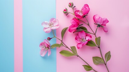 greeting card with pink flowers on pink and blue background