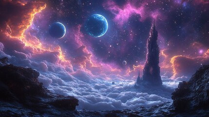 Fototapeta premium Surreal space scene planets nebulas and impossible structures