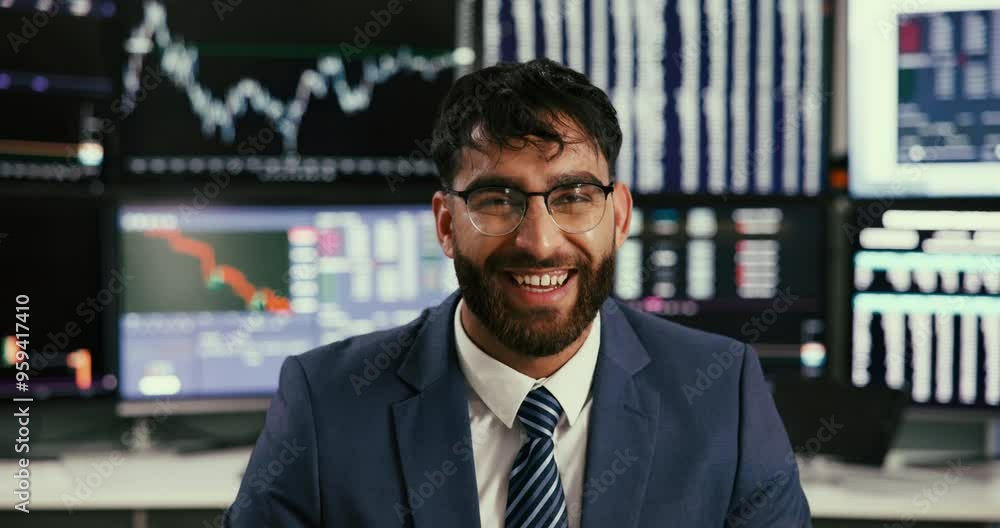 Aufkleber Man, face and confident with computer for stock market, financial tech and investment performance. Portrait, trader and digital for cryptocurrency with data analysis, trading and profit growth