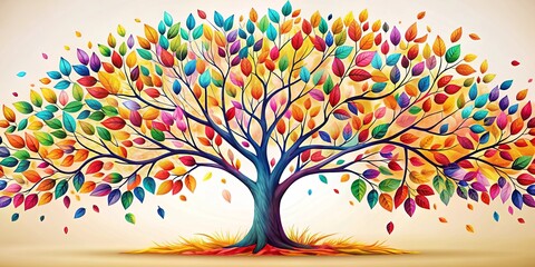 Colorful abstract tree with hanging branches and multicolored leaves perfect for wallpaper or background