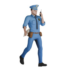 Male Law Cartoon Professional in 3D. A male police officer is walking while holding a communication radio in his right hand and several sheets of documents in his left hand. Cop Cartoon