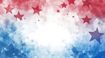Fototapeta premium 4th of July or Memorial Day background, July 4th red white and blue colors with soft faded watercolor star border texture design and blank white center, with generative ai