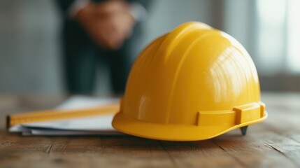 A yellow hard hat on a table, ideal for themes of construction, safety, and project management.