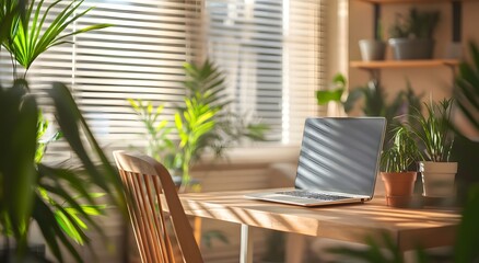 Fototapeta premium Soft focus on a home office setup with stylish furnishings and indoor plants. Resplendent