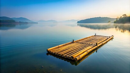 Obraz premium Bamboo raft sailing peacefully on serene lake surface
