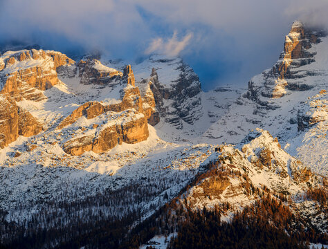Cima Falkner and peaks around Rifugio Tuckett e Sella. From Val Rendena in the Parco Naturale Adamello Brenta, UNESCO Site. Dolomites, Trentino, Italy