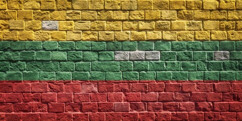 Lithuania flag on stone wall with yellow, green, red stripes. Day of Restoration of Independence, Lithuania, flag