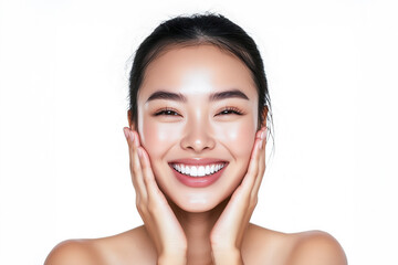 Happy beautiful asian woman touching her smooth face with her hands.
