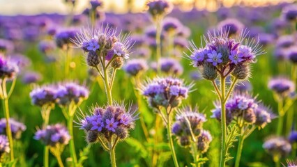 Obraz premium Flowering purple tansy-leaf phacelia plants in a vibrant summer meadow, phacelia, purple, tansy-leaf, flowers, blooming