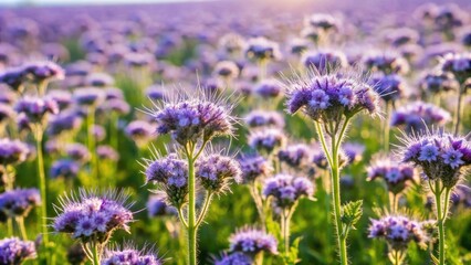 Obraz premium Flowering purple tansy-leaf phacelia plants in a vibrant summer meadow, phacelia, purple, tansy-leaf, flowering