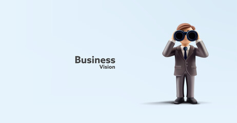 Business vision. 3D character of a man looking through binoculars. Businessman standing in a business suit. Modern banner for the concepts of business, development, and perspective. Vector 
