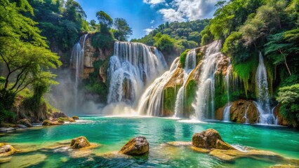 Beautiful Tamul Waterfall cascading down the rocks in Huasteca Potosina, Mexico , Tamul Waterfall, Tampaon River