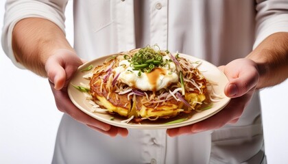 White hands of man holding okonomiyaki on white background isolated