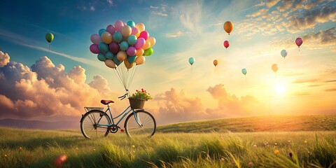 Naklejka premium Fantasy bicycle flying with balloons over enchanting landscape