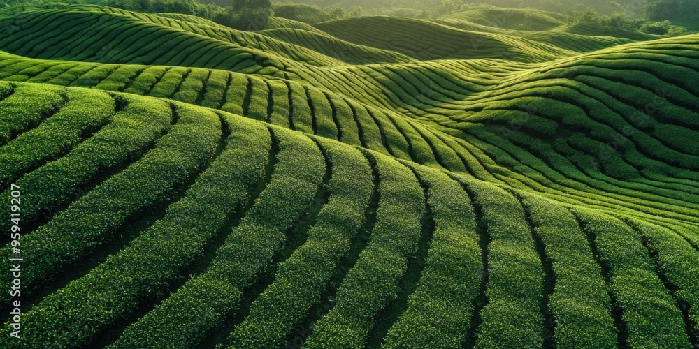 Wall mural Aerial view of expansive tea leaf field