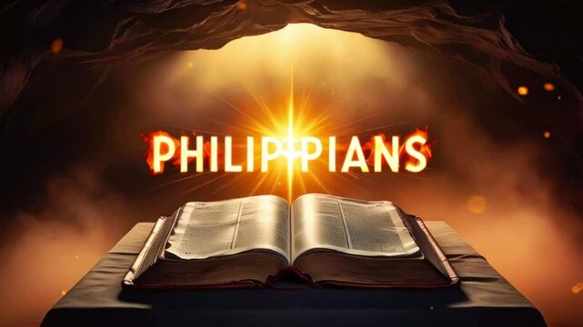 A  glowing golden light shines through a cave, illuminating the words 'Philippians' written in fiery letters with an open bible in the foreground.
