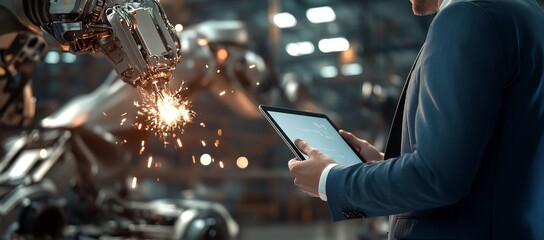 A businessman in a factory setting uses a tablet while watching an industrial robot weld metal.