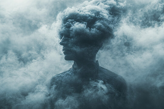 A mental health concept of a fictional man with a dark cloud over his head, depicting depression and anxiety. It can be used for mental health awareness campaigns or therapy-related materials.