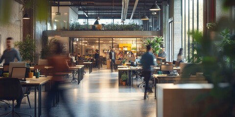 Modern office space with large windows, wooden desks, and plants. The space is open and airy with a lot of natural light.