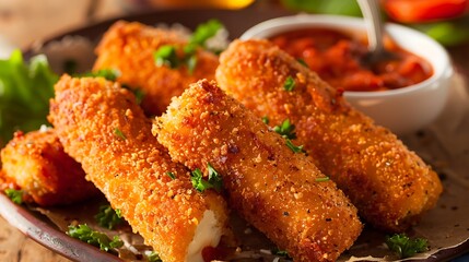 Fototapeta premium Homemade Fried Mozzarella Sticks with Marinara Sauce