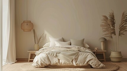 Beige Cozy Tone Bedroom Interior Design with Wooden Bed, Lamp, Pillows, Table, and Brown Tone Background – Empty Walls for Banner and Mockup with Generative AI