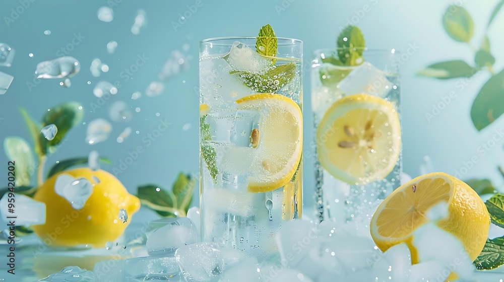 Wall mural Homemade lemonades in misted glasses with ice cubes over light blue background