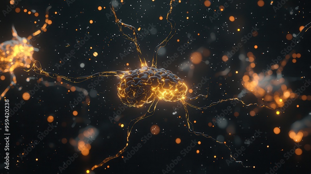 Poster d render of glowing neuron network with abstract bokeh