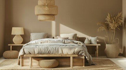 Generative AI-Generated Bedroom Interior Design: Beige Cozy Tone with Wooden Bed, Lamp, Pillows, Table, and Brown Tone Background – Empty Walls for Banner and Mockup