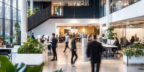 Modern open plan office with natural light and greenery, featuring people working at desks.