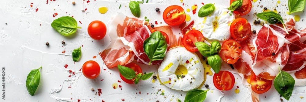 Wall mural Delicious Italian Appetizer Featuring Creamy Burrata Cheese, Fresh Tomatoes, Prosciutto, and Basil Leaves on a Light Background