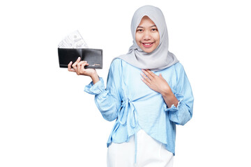 Smiling hijab asian woman with money and wallet isolated transparent