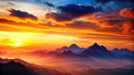 Obraz premium Abstract background featuring silhouetted mountains against a vivid sunset sky , mountains, sunset, abstract, background