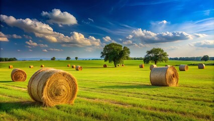East Texas landscape with rolls of hay bales in foreground, green grass, and clear blue sky