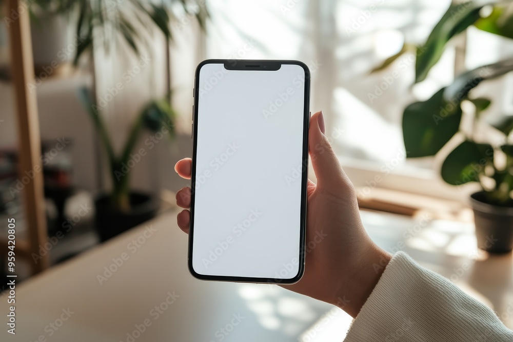Poster closeup of a hand holding a smartphone with a blank screen, with plants and a window in the backgrou