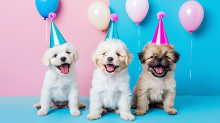 Humorous puppies singing the happy birthday song wearing silly hats on pink and blue background