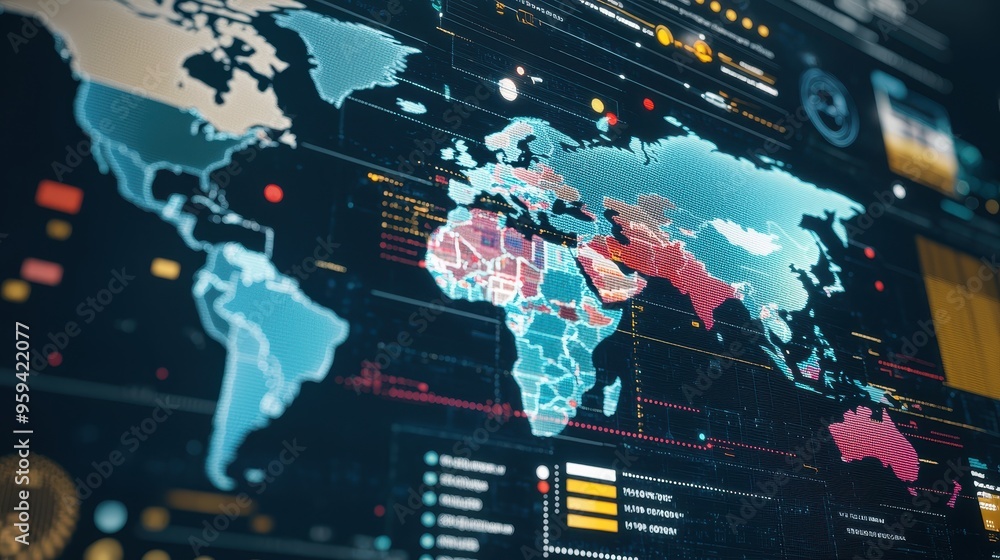 Poster digital world map with data and information