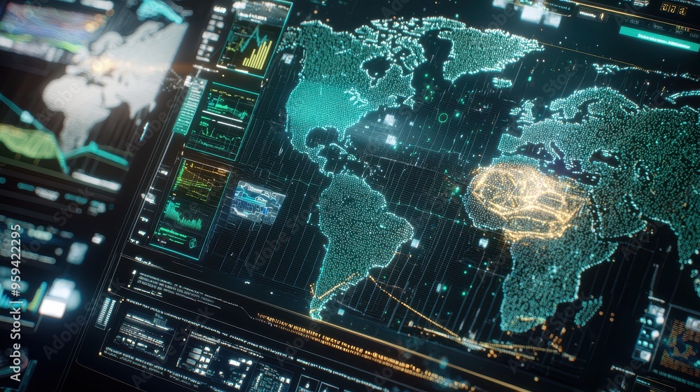 Poster futuristic world map data visualization with network connections