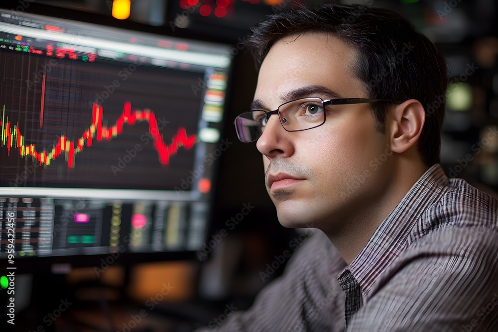 Poster man in glasses looking at a stock market chart on a computer screen